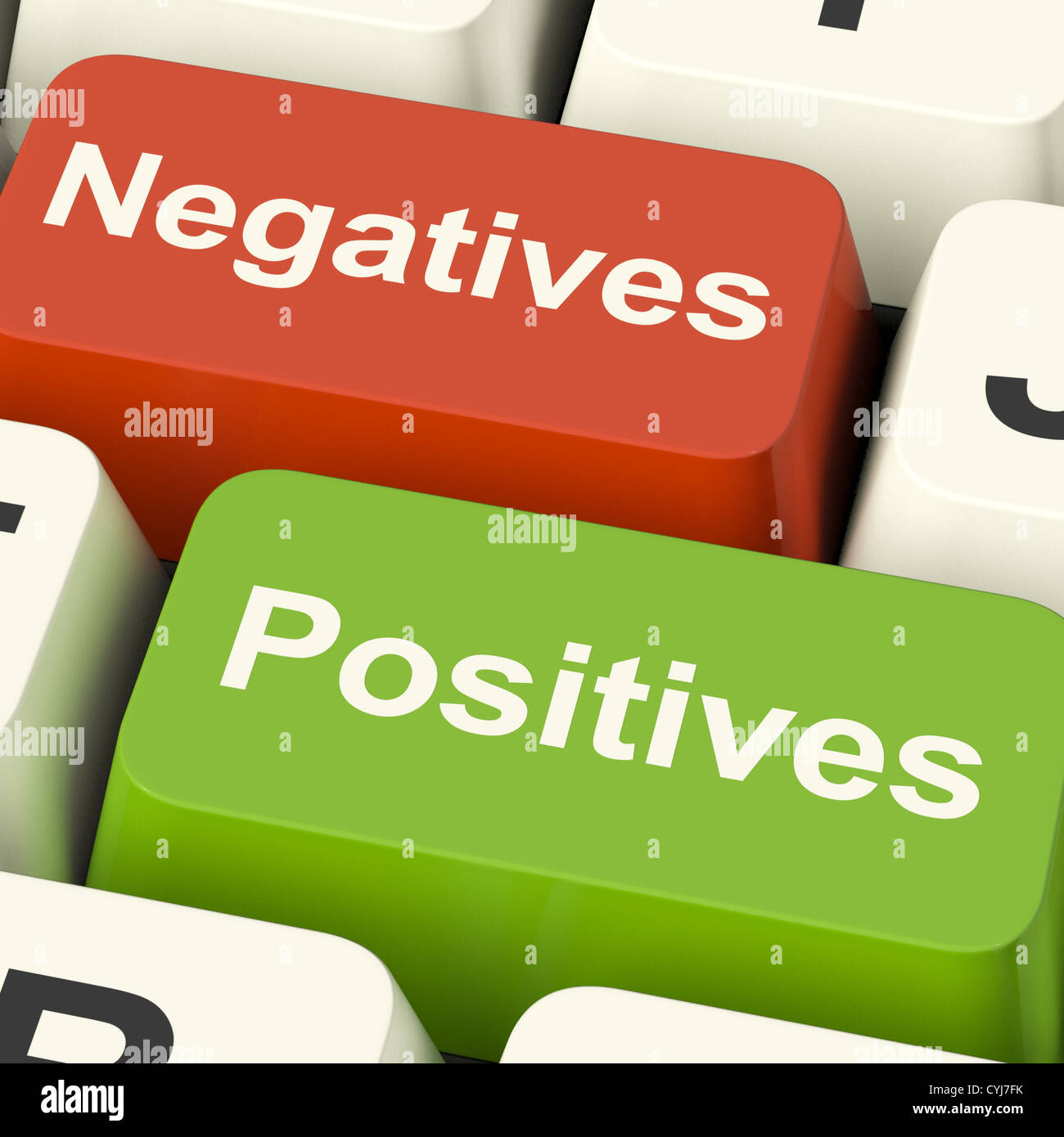 Negative positive Computer Tasten zeigt Plus- und Minus-Alternativen Analysen und Entscheidungen Stockfoto
