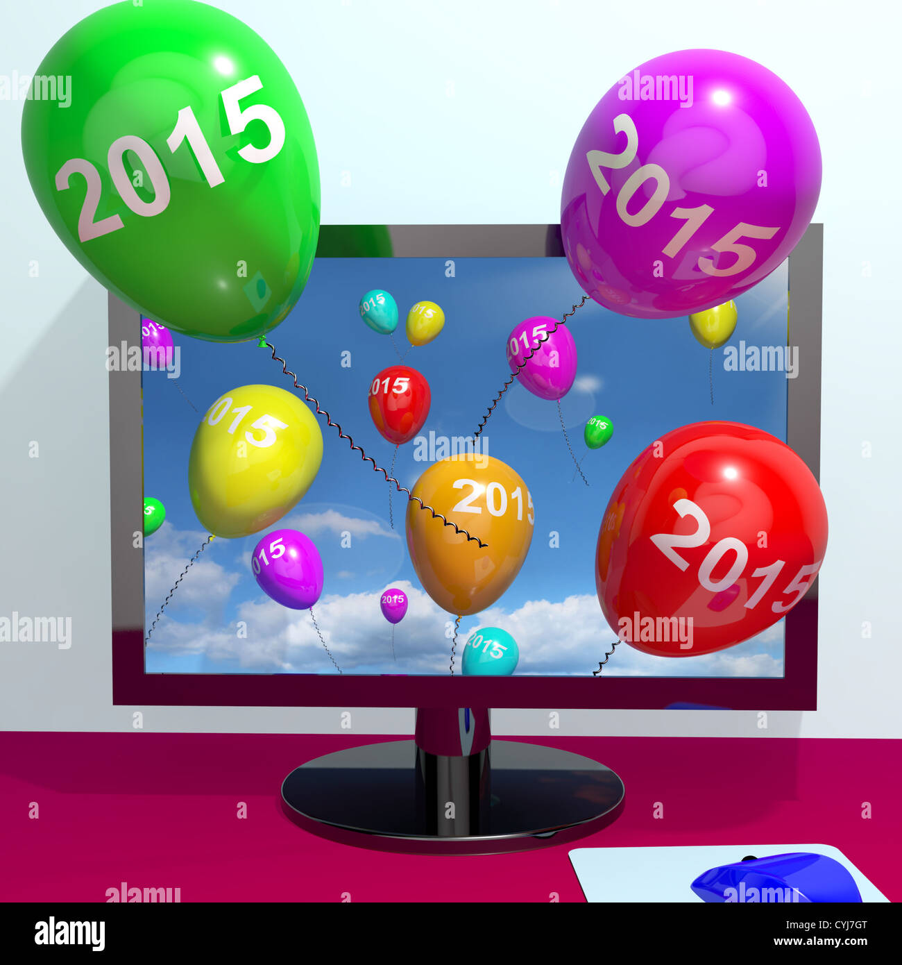 2015 auf Ballons von Computer repräsentieren Jahr zwei tausend und fünfzehn Grüße Online Stockfoto