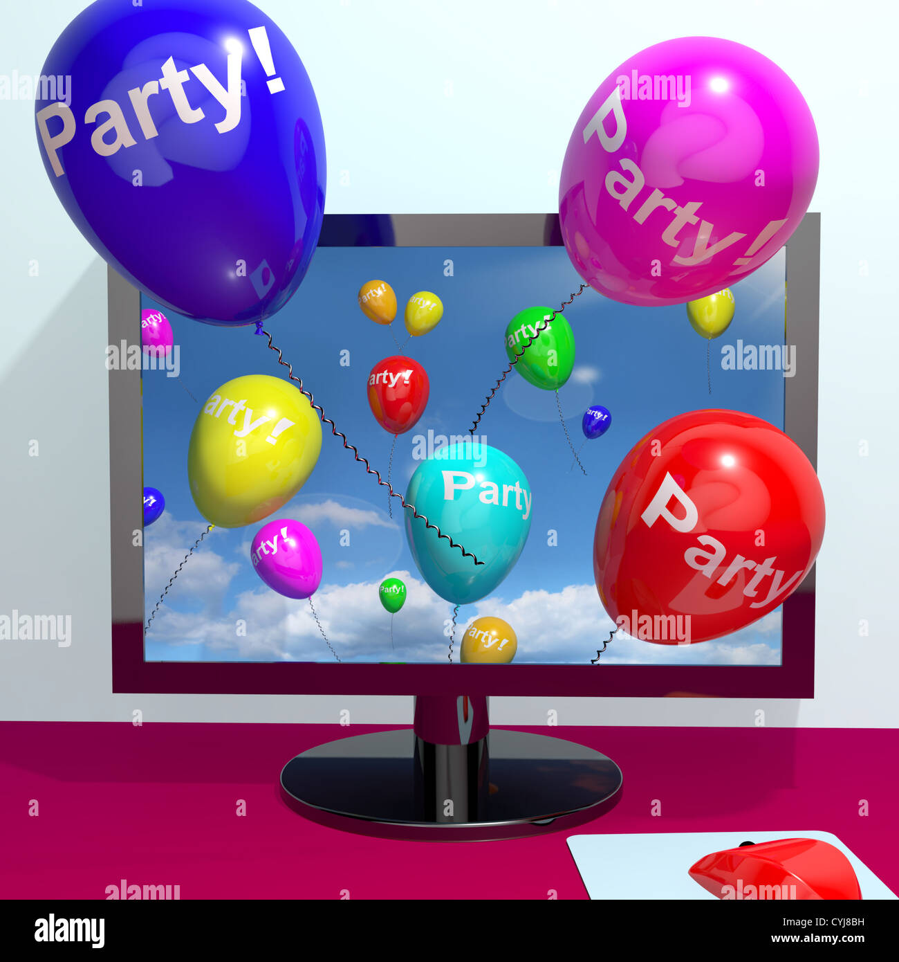 Luftballons mit Party Text zeigt Einladungen Online Stockfoto