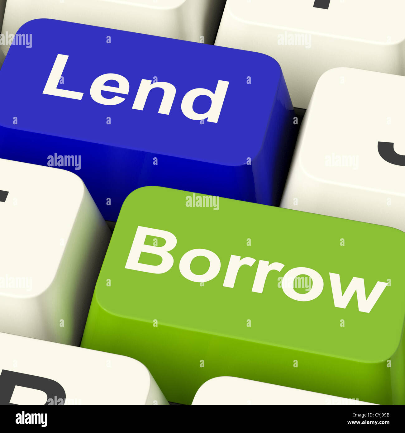 Leihen Sie und borgen Sie Schlüssel zeigt Anleihen oder Kredite im Internet Stockfoto