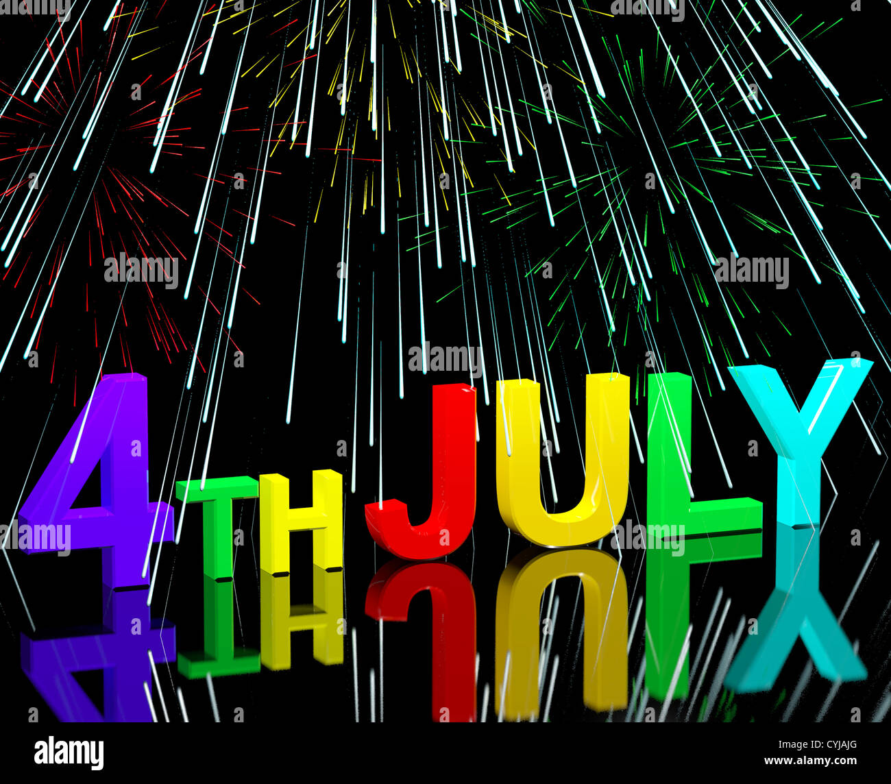 4. Juli-Wort und Feuerwerk als Zeichen für Amerika und Patriotismus Stockfoto