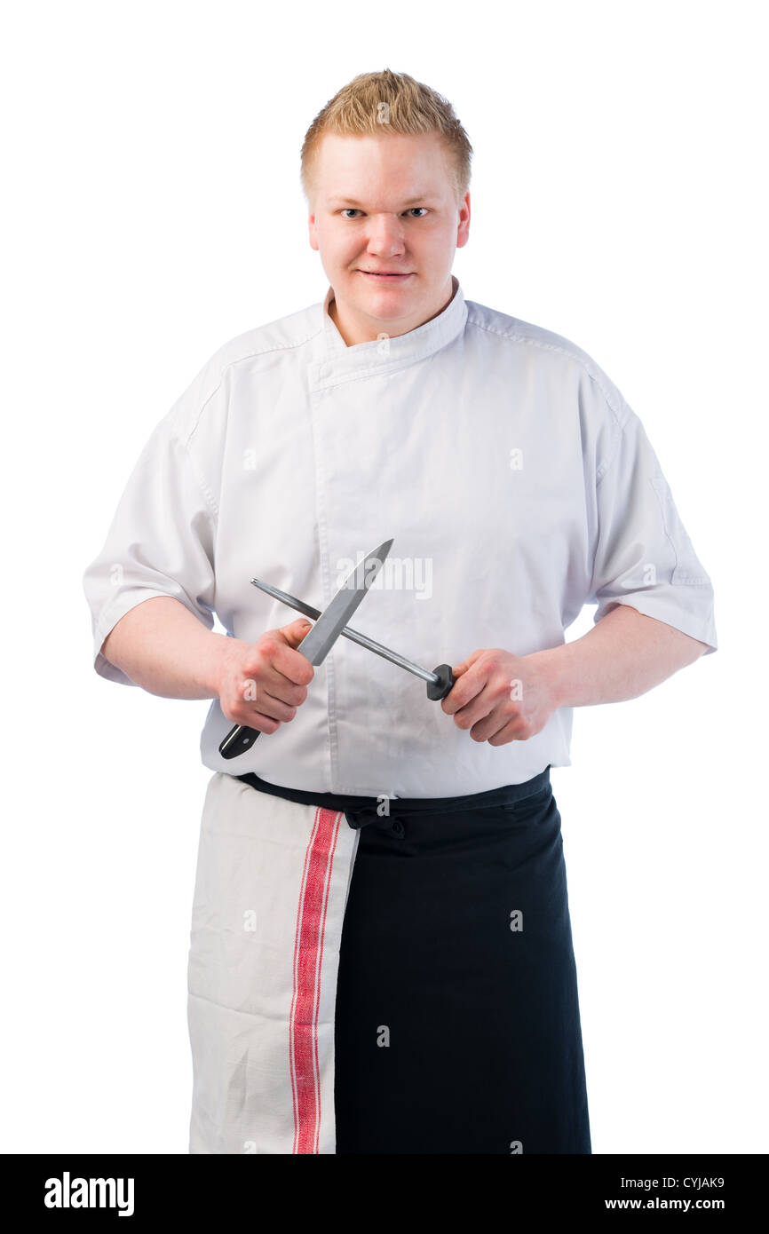 Jugendliche Kochen schärfen seine Messer, weißen Hintergrund isoliert Stockfoto