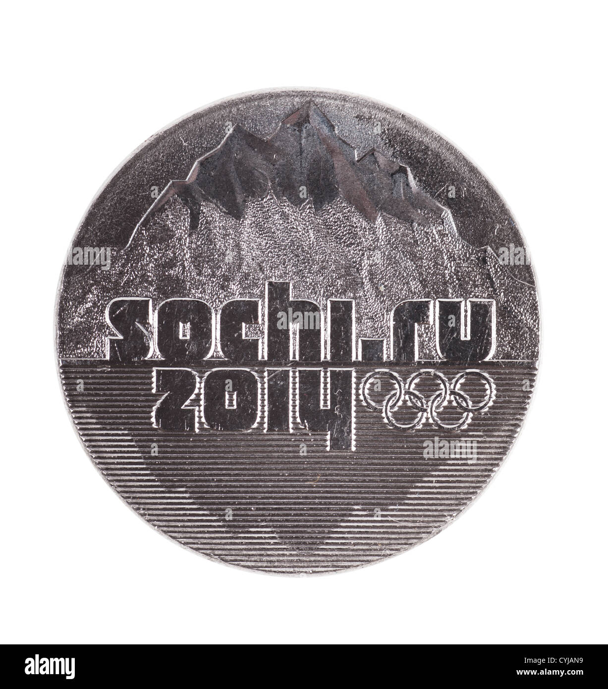 Münze mit Sotschi 2014 Inschrift auf weißem Hintergrund Stockfoto