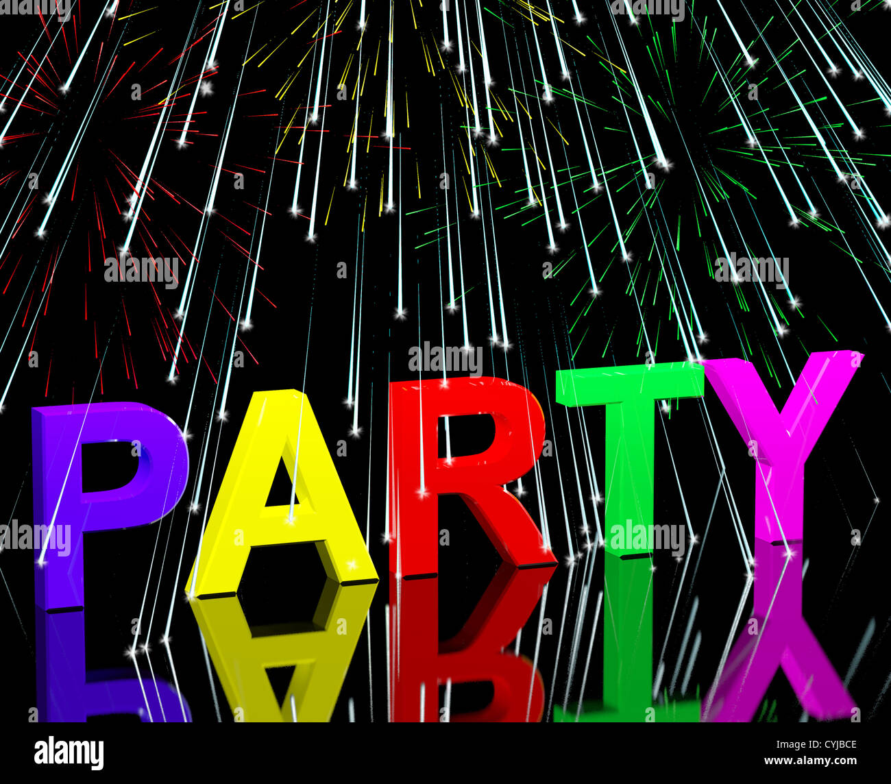 Party Wort mit Feuerwerk zeigt Clubbing Nachtleben oder Discos Stockfoto