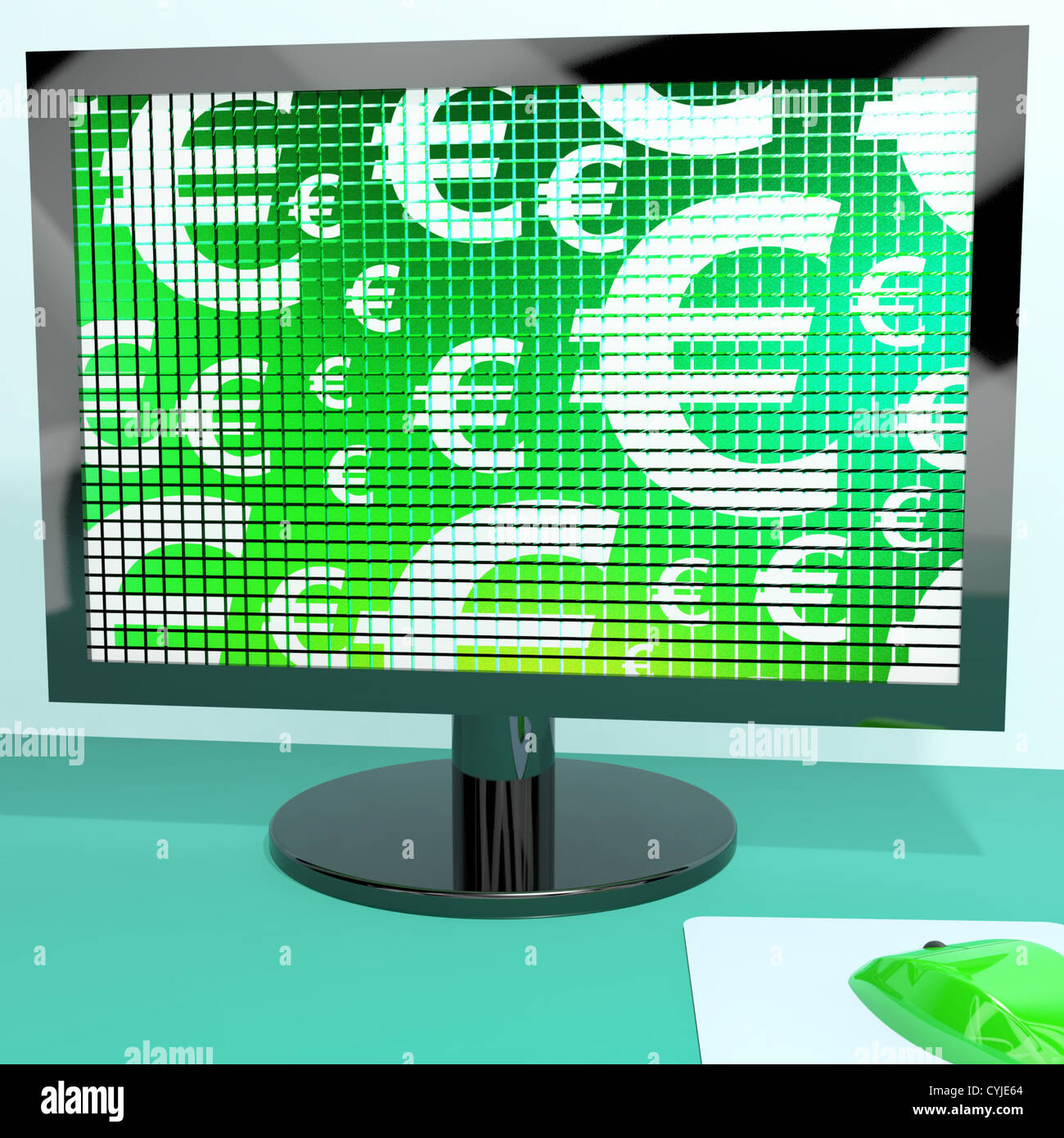 Euro-Symbole am Bildschirm zeigen, Geld oder Investitionen Stockfoto