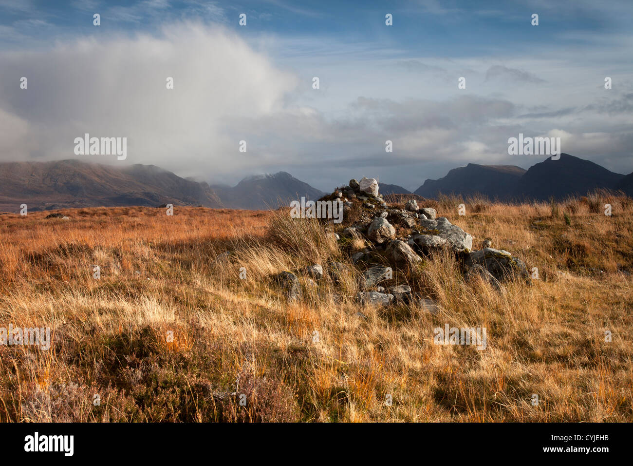 Die Letterewe Wald Berge (Carn Mor und A Mhaighdean etc.) aus dem Kernsary Wald, Fionn Loch Track NW Schottland Stockfoto