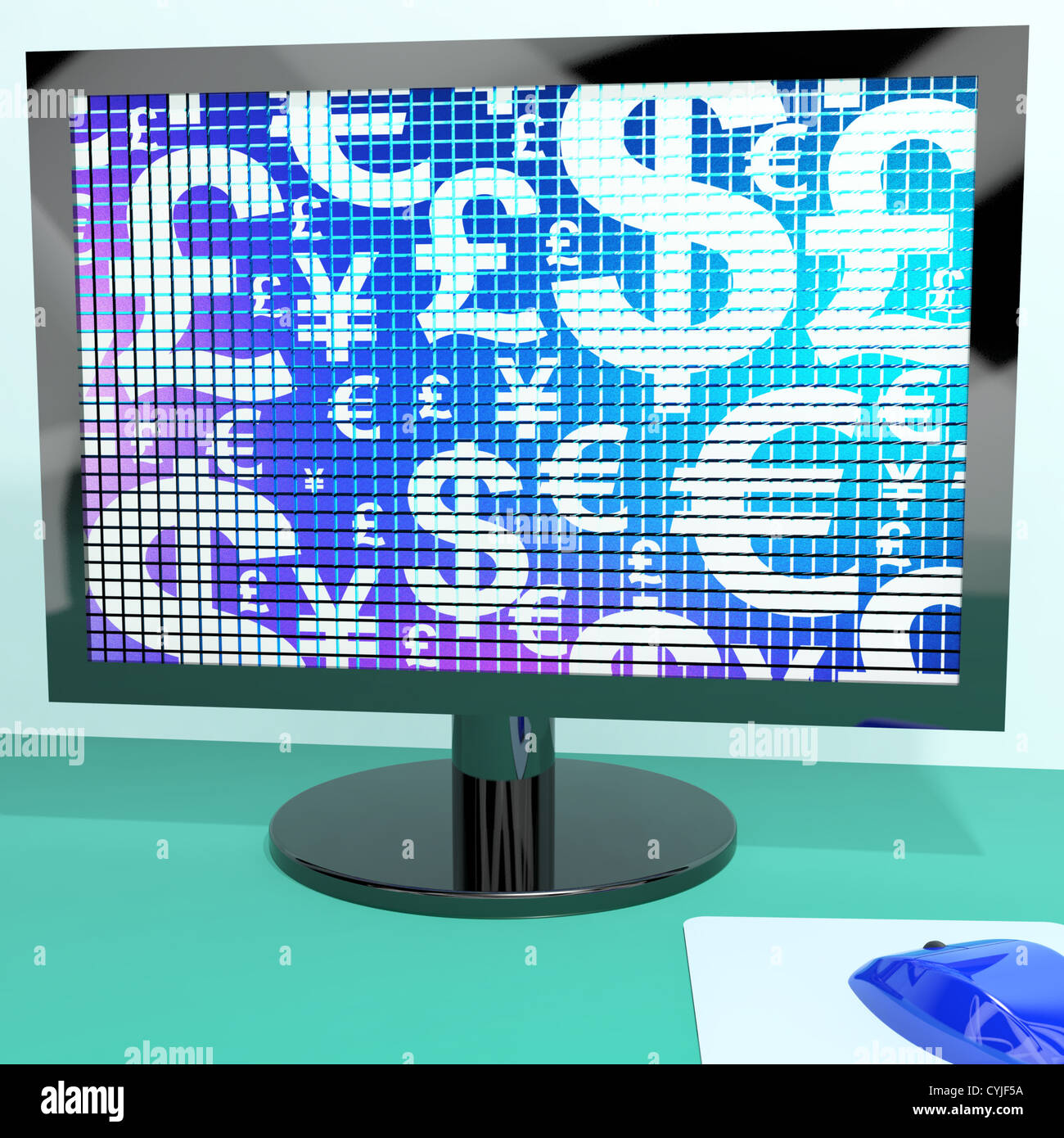 Währungssymbole auf Compter Bildschirm zeigt Wechselkurs und Forex Stockfoto