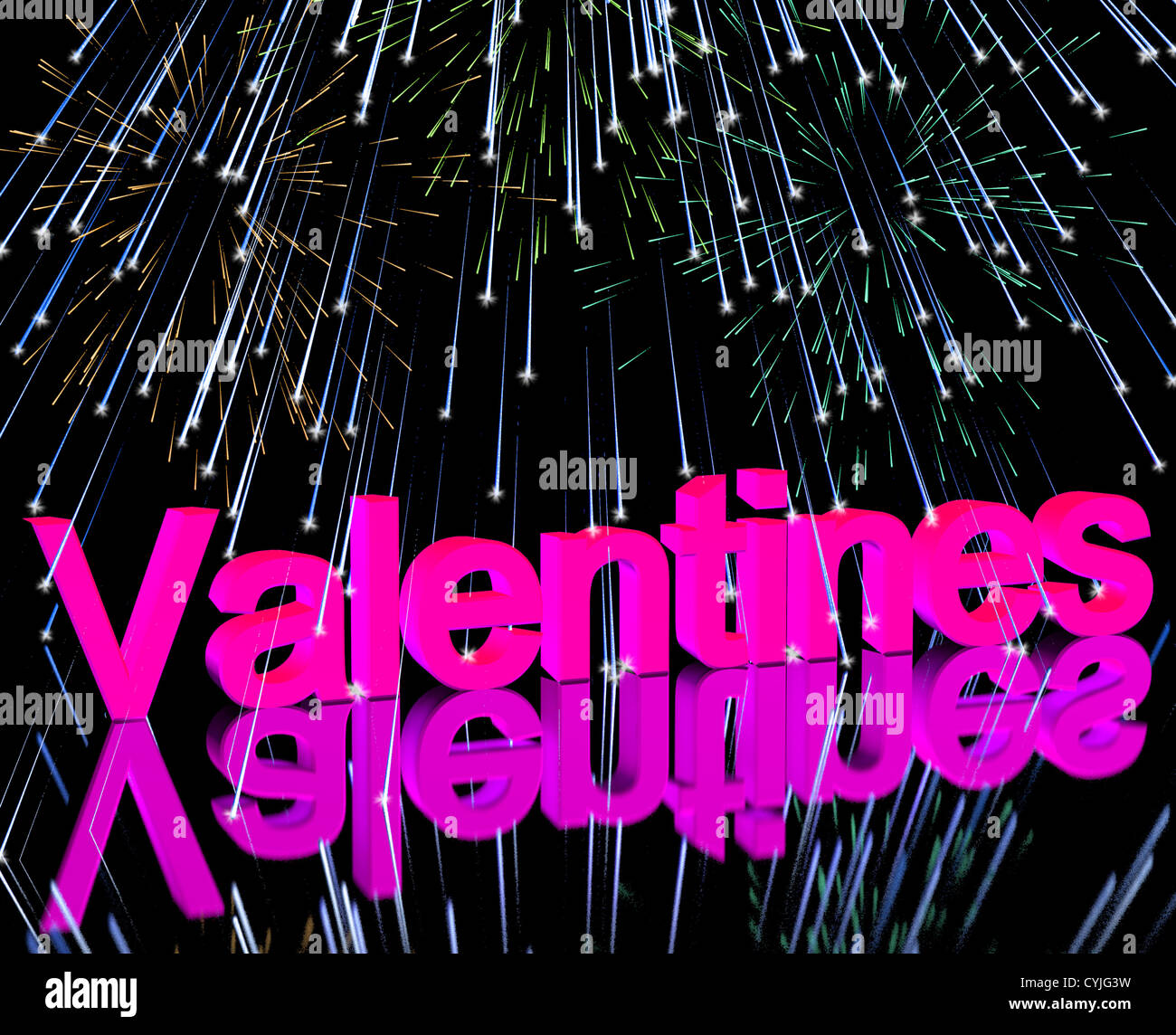 Valentines Wort und Feuerwerk zeigt Liebe Romantik und Valentinstag