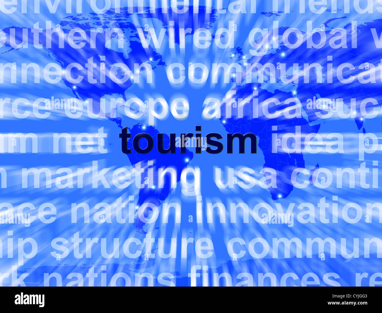 Tourismus-Wort zeigt internationale Reise- und Signtseeing Industrie Stockfoto