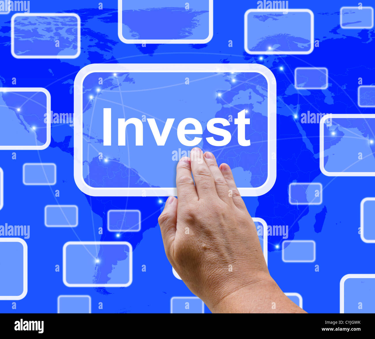 Wort-Schaltfläche für Einsparungen Aktien zu investieren und das Interesse Stockfoto