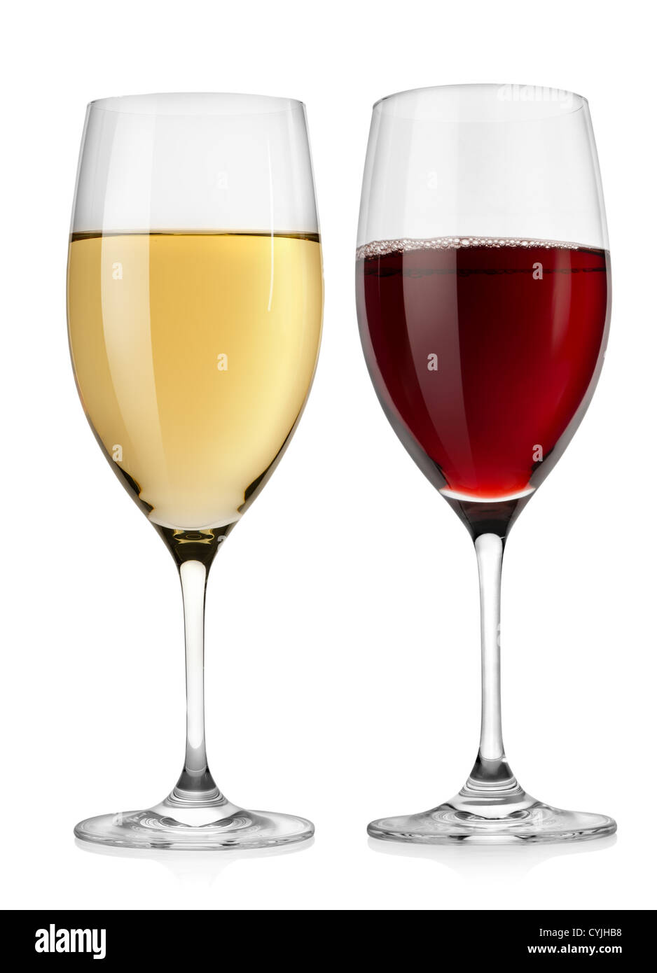 Rotweinglas und Weißweinglas isoliert auf weißem Hintergrund Stockfoto