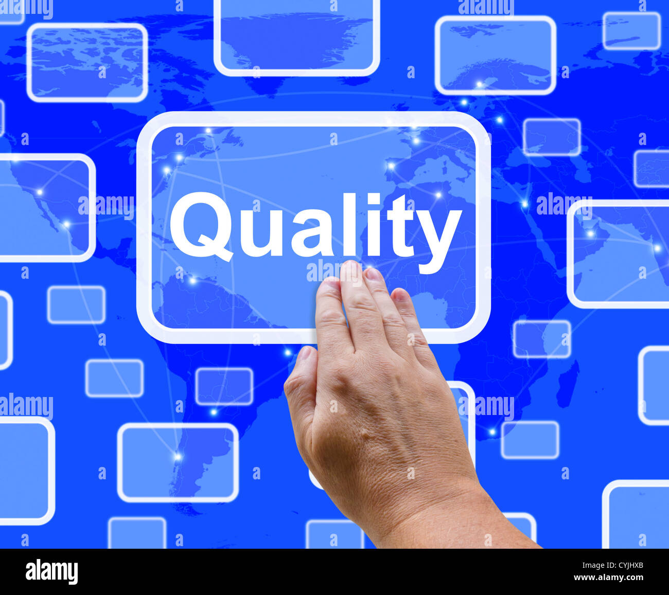 Qualität-Taste auf dem Bildschirm darstellt, ausgezeichnete Dienstleistung oder ein Produkt Stockfoto