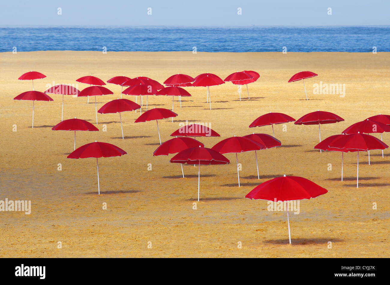 Viele rote Sonnenschirme stecken in den Sand des Strandes in einem Sommermorgen Stockfoto