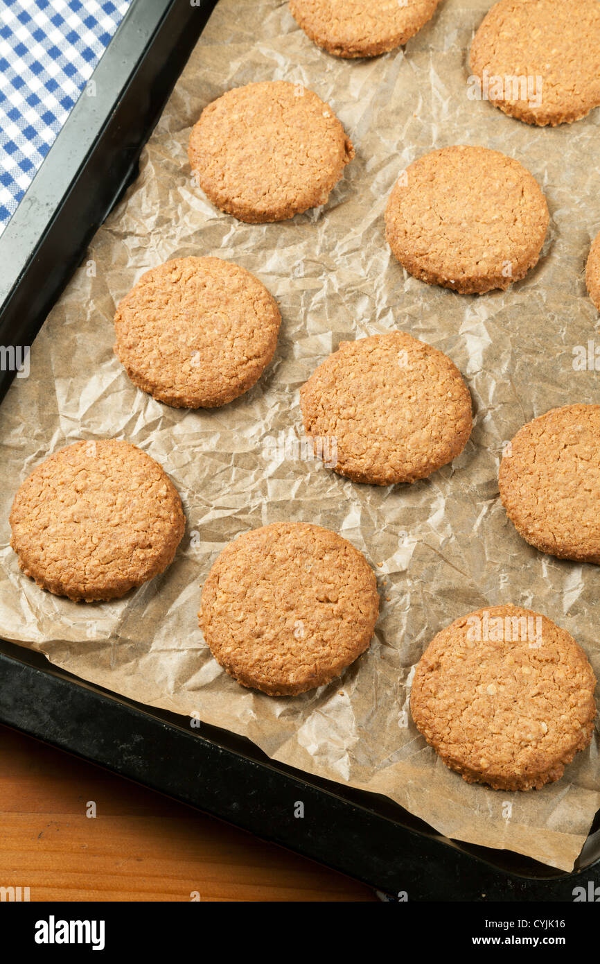 Hafer-Kekse auf das Backblech frisch gebacken Stockfoto