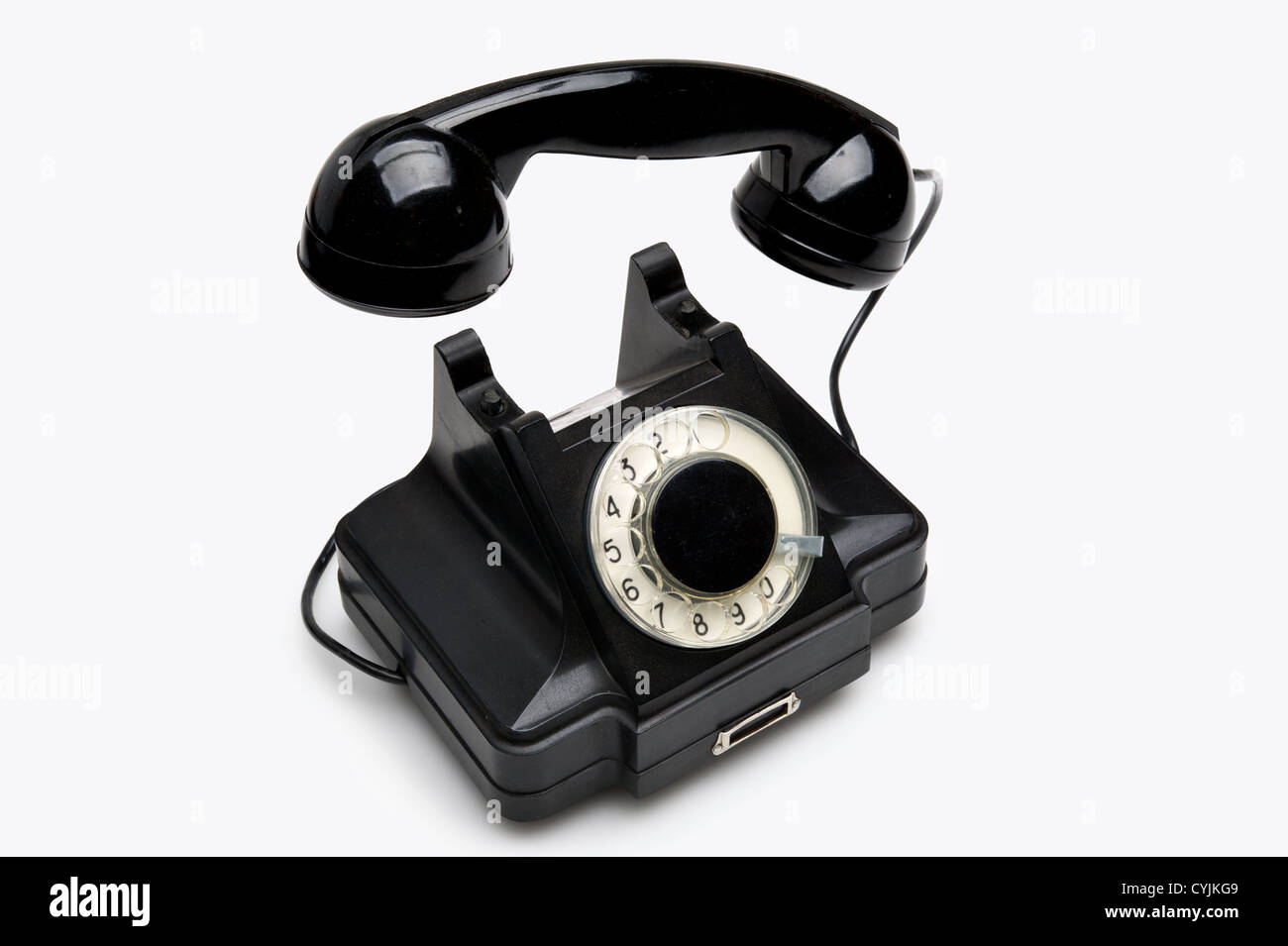 Alte schwarze Vintage rotary-Stil Telefon über einen weißen Hintergrund isoliert Stockfoto