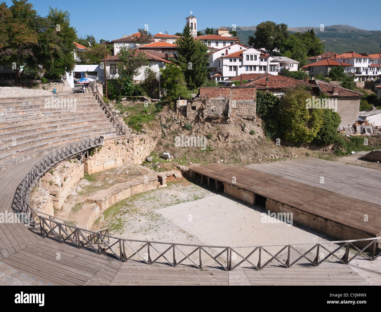 c. 2000 Jahre alten griechischen/römischen Amphitheater, in die UNESCO-geschützte Stadt Ohrid, Mazedonien. Stockfoto