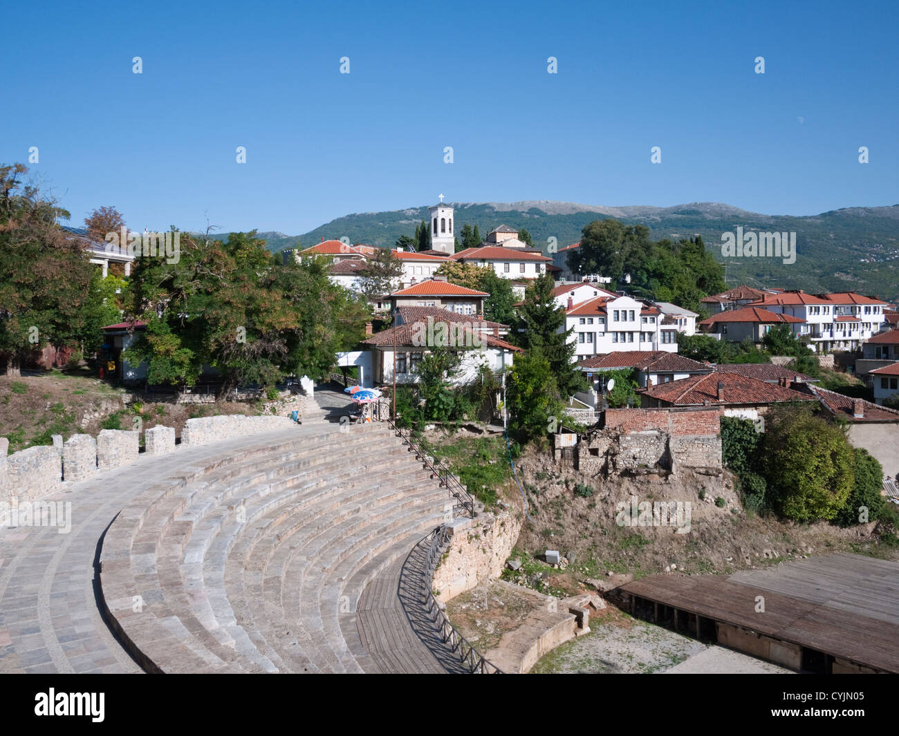 c. 2000 Jahre alten griechischen/römischen Amphitheater, in die UNESCO-geschützte Stadt Ohrid, Mazedonien. Stockfoto
