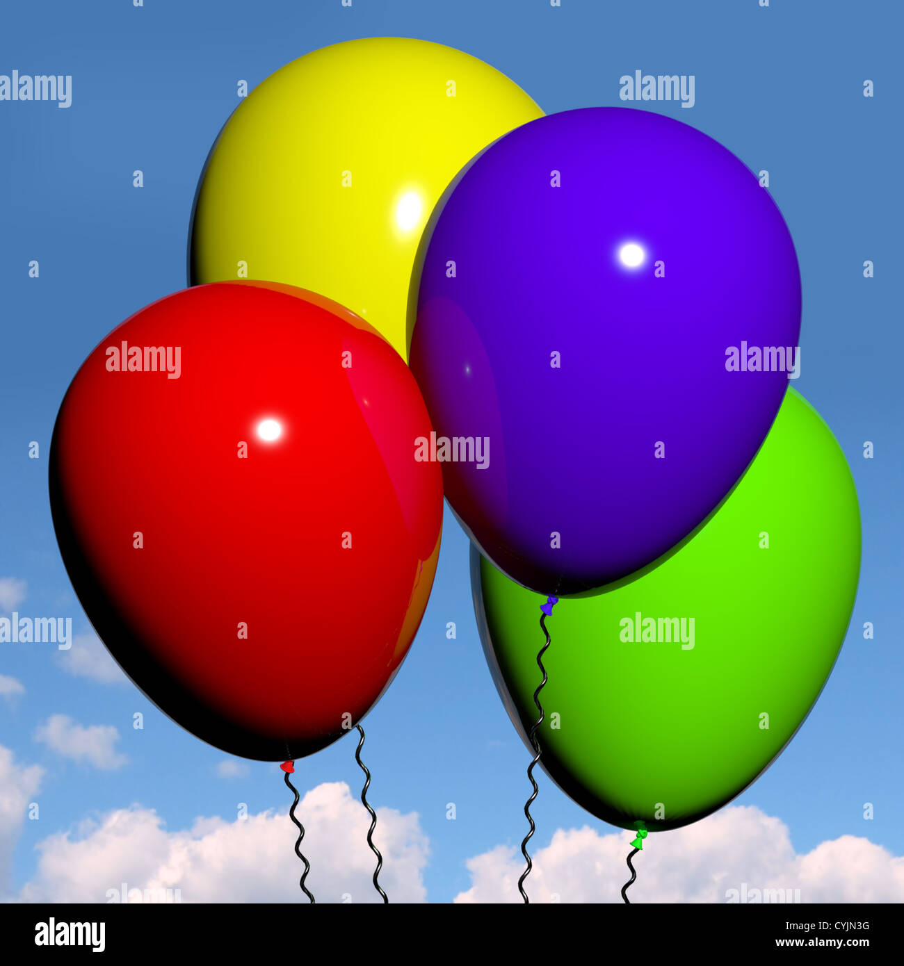 Festliche farbenfrohe Luftballons In den Himmel für Geburtstag oder Jubiläum Stockfoto