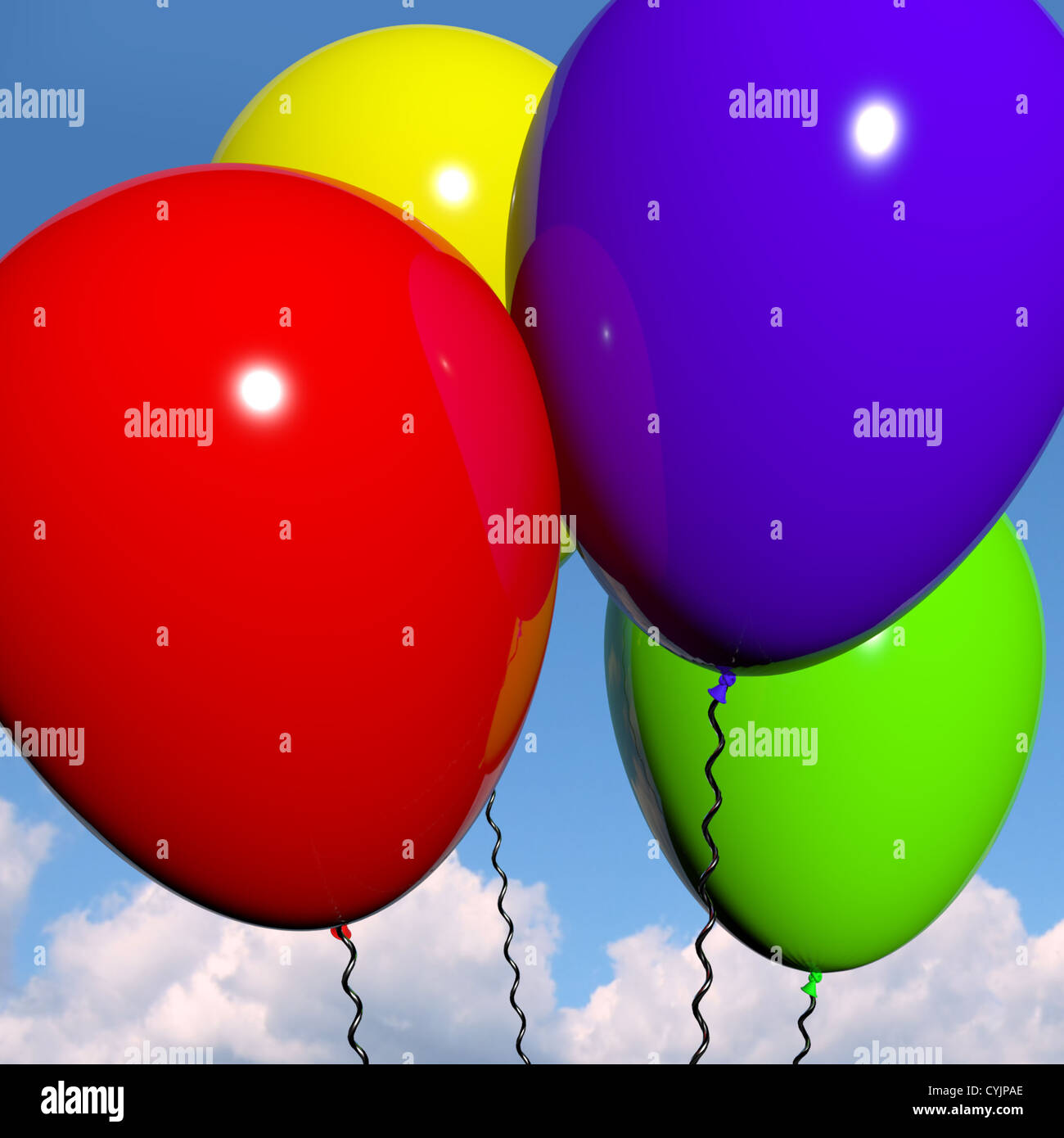 Festliche bunte Luftballons In den Himmel für Geburtstag und Jubiläumsfeier Stockfoto