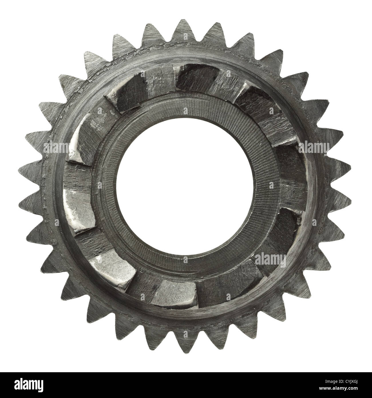 Maschine, Getriebe, Metal Zahnrad. Isoliert auf weiss. Stockfoto