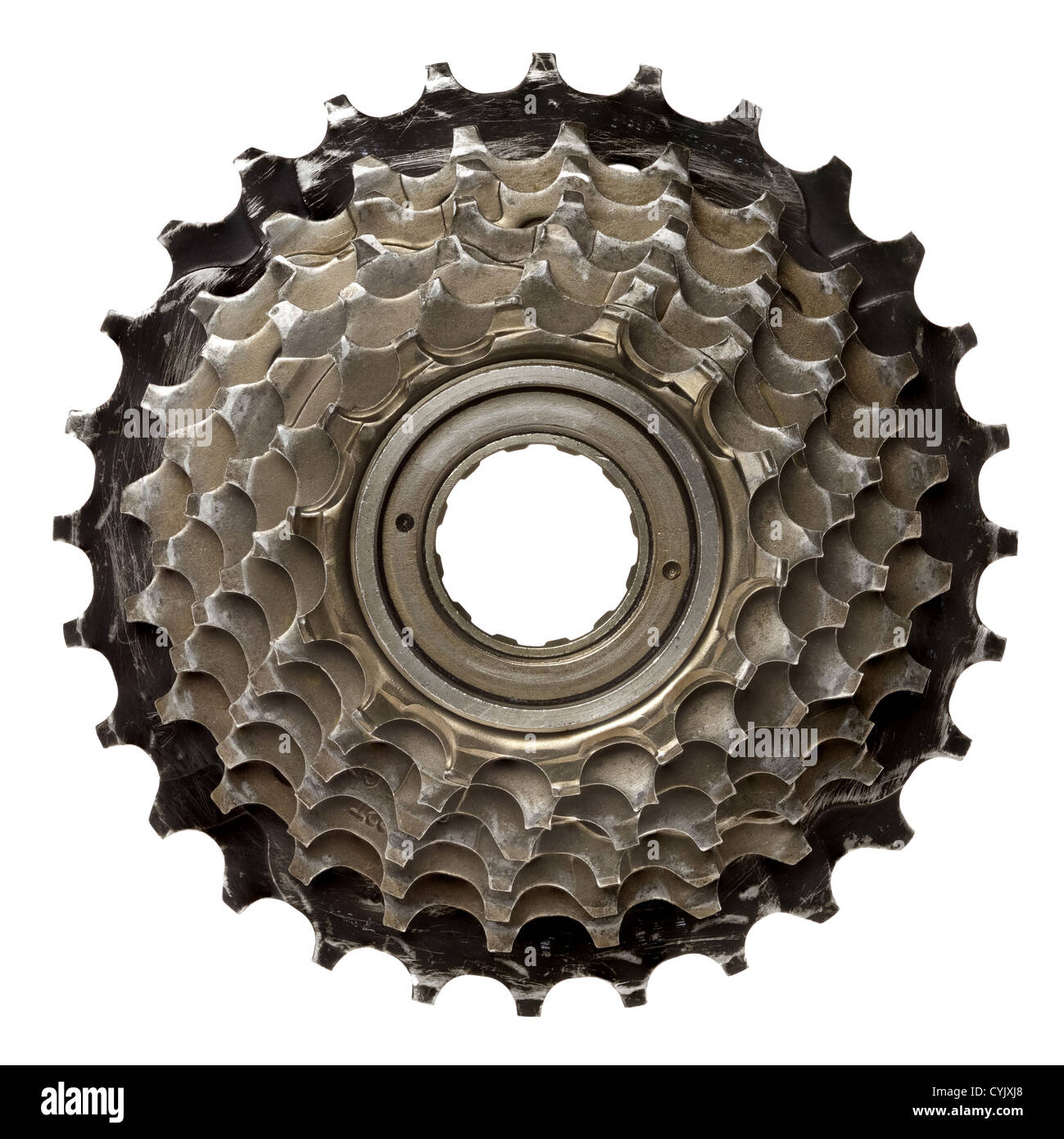 Fahrrad-Ausrüstung, Metall Zahnrad. Isoliert auf weiss. Stockfoto