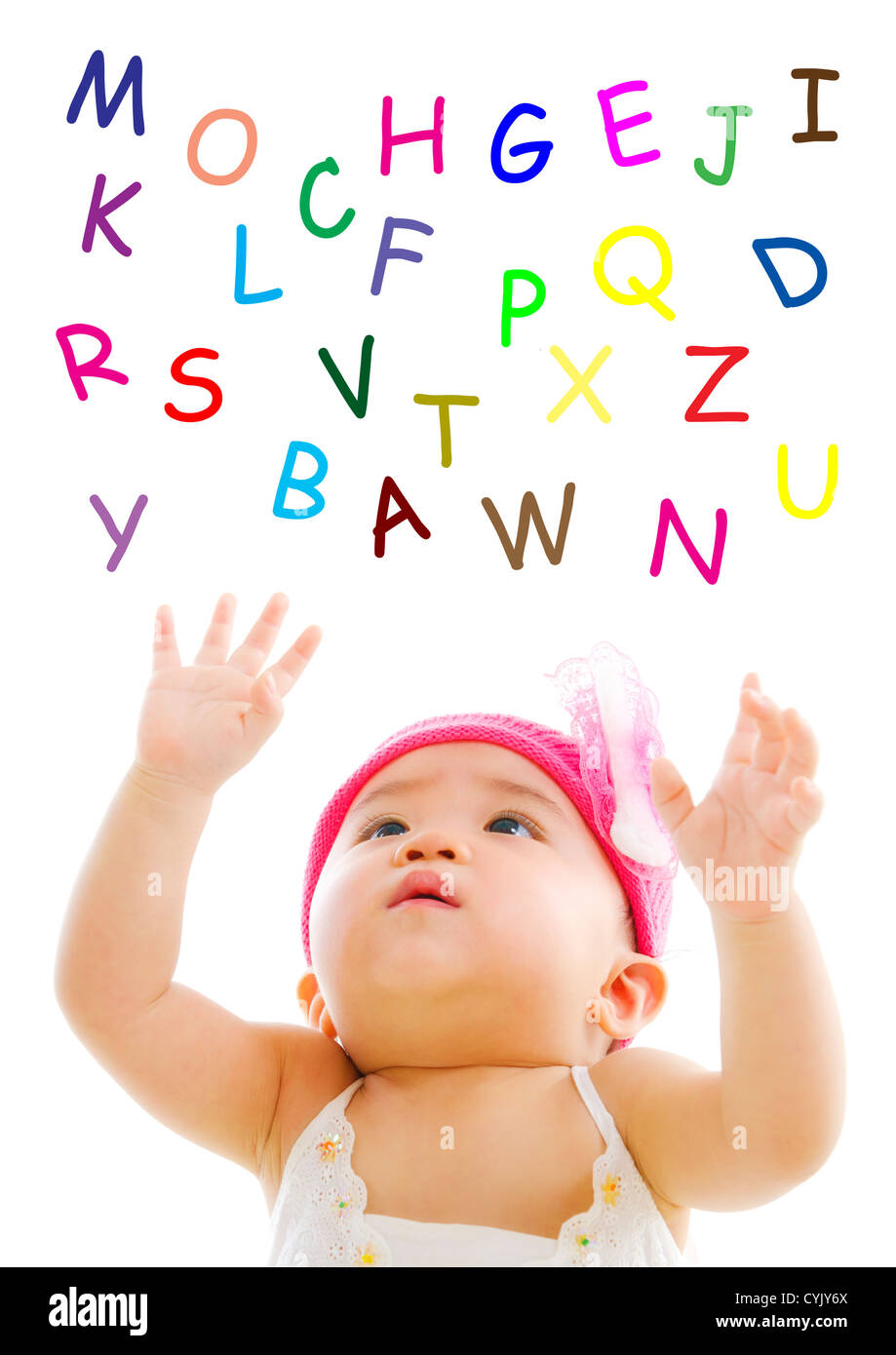 Asiatisches Baby ist Alphabet Worte erreichen möchten Stockfoto