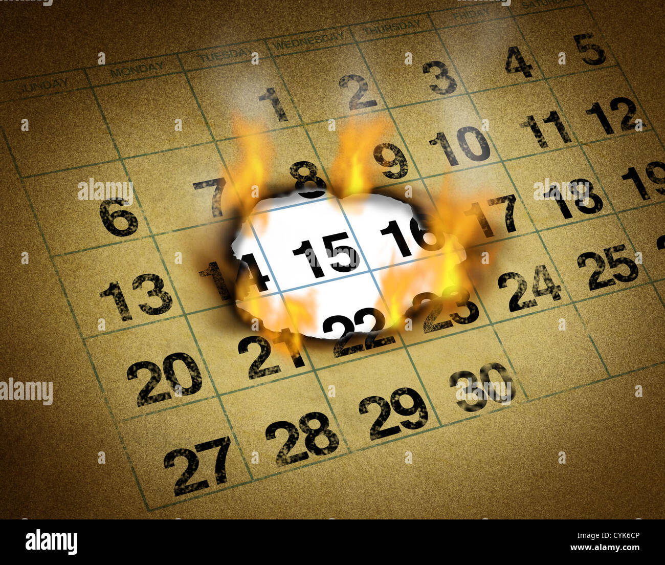 Setzen ein wichtiges heißes Date in einem Grunge-Kalender auf Feuer brennen ein Loch zu erinnern und markieren einen Tag des Monats repräsentieren wichtige dringende Zeit und Zeitplan Erinnerung zu organisieren. Stockfoto