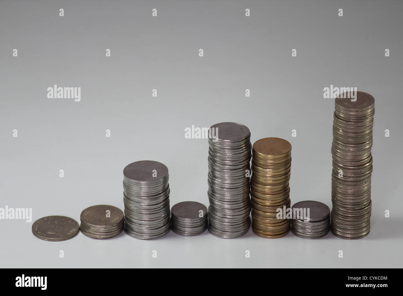 Indische Münzen Stack in Form eines Balkendiagramms Stockfoto