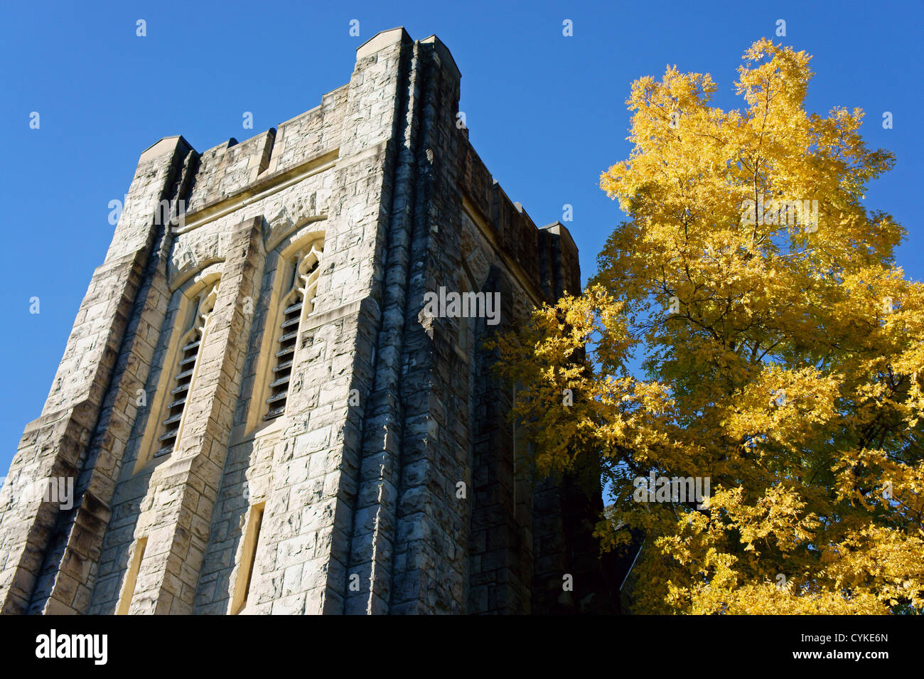 Ryerson United Church (Pacific Spirit United Church) und goldblättriger Herbstbaum, Kerrisdale, Vancouver, BC, Kanada Stockfoto