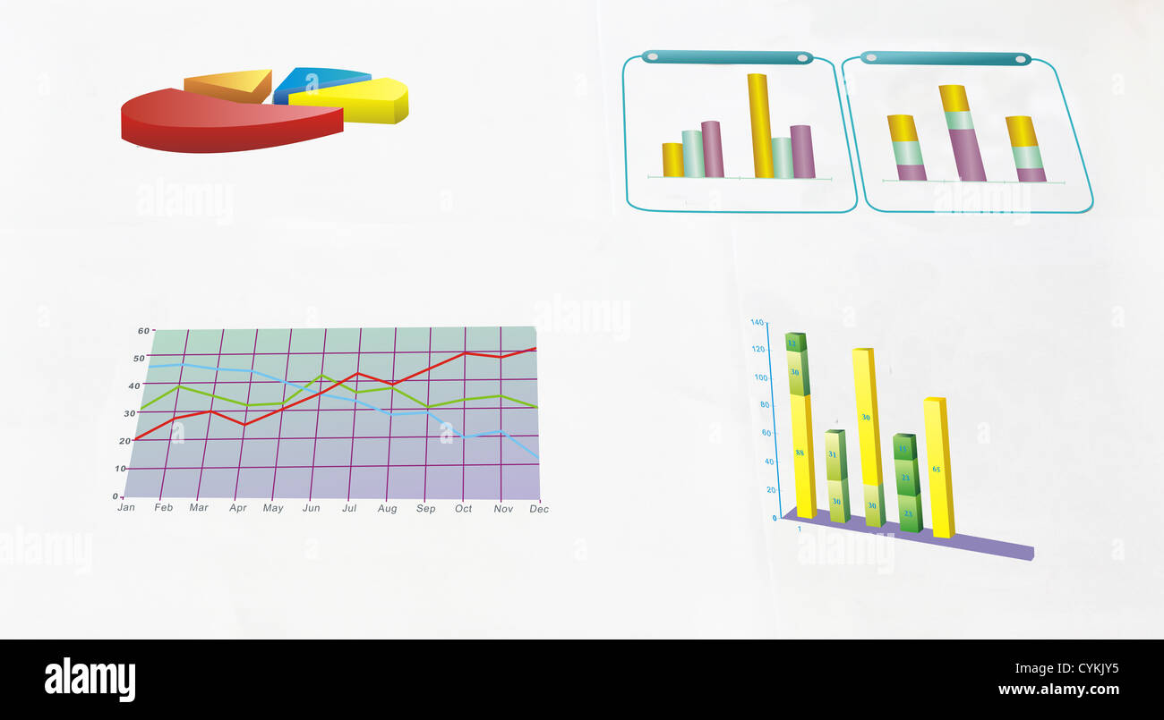 Bunte Umsatzbericht in Statistiken, Grafiken und Diagramme Stockfoto