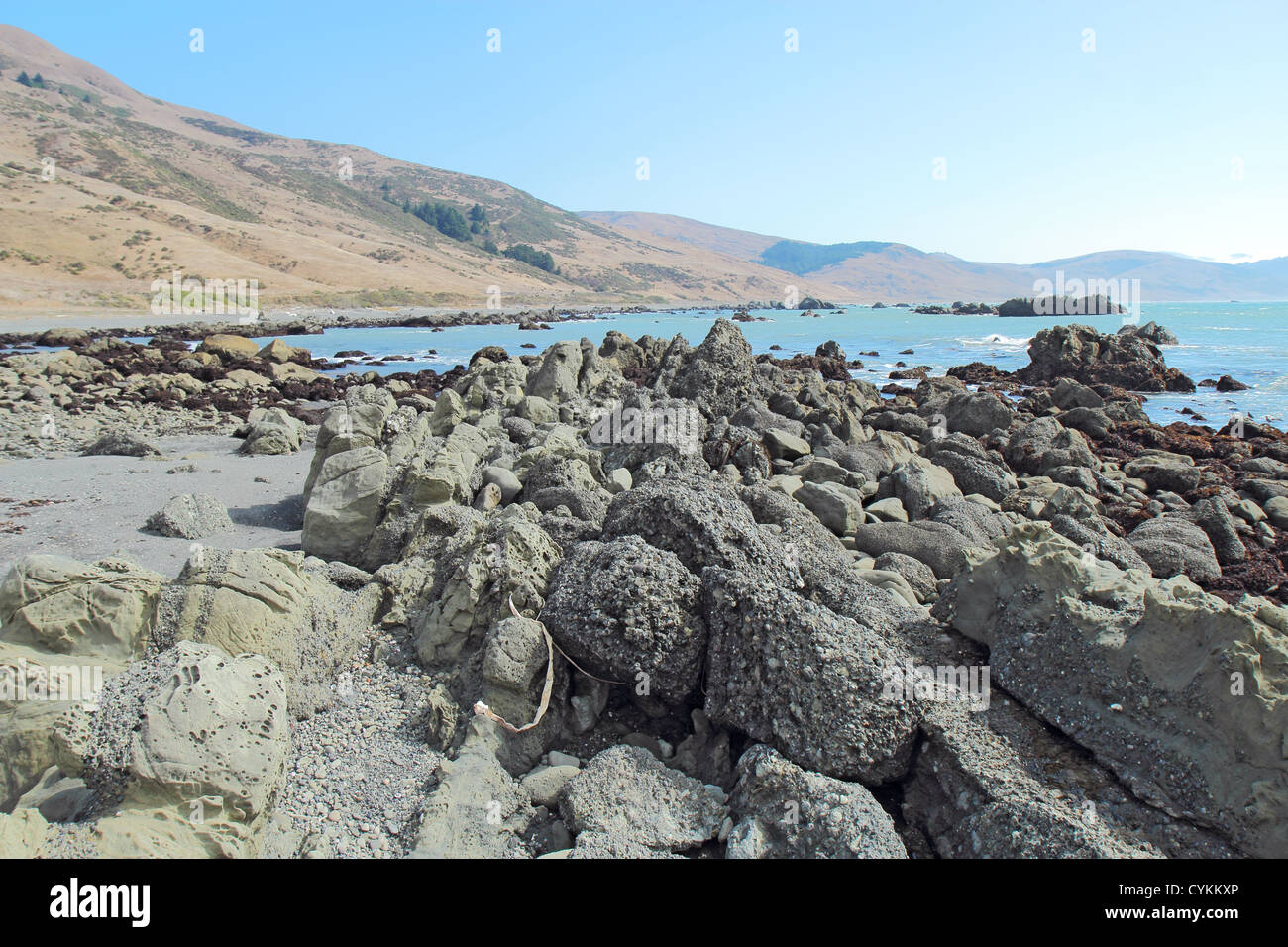 Ein felsiger Strand und blauer Himmel beginnt Road auf der Lost Coast of California Stockfoto