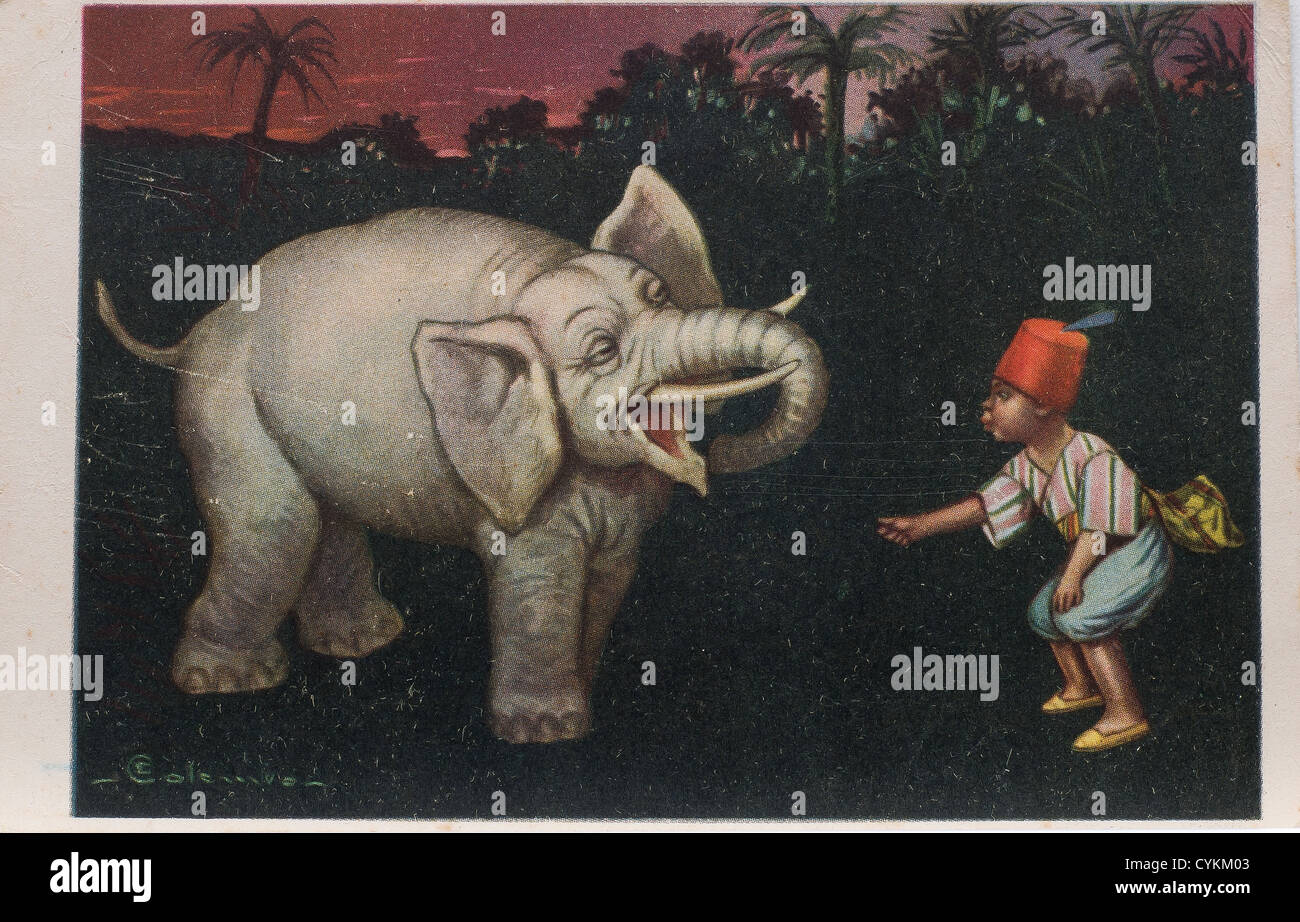 ein Elefant mit einem Kind in eine alte Postkarte Stockfoto