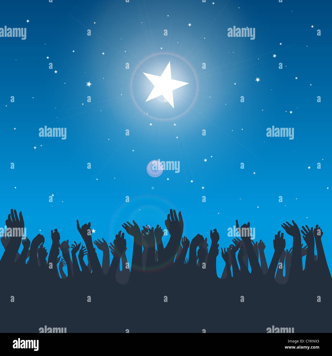 Vektor-Design-Darstellung von mehreren Hand Silhouetten für die großen hellen Stern zu erreichen. Stockfoto
