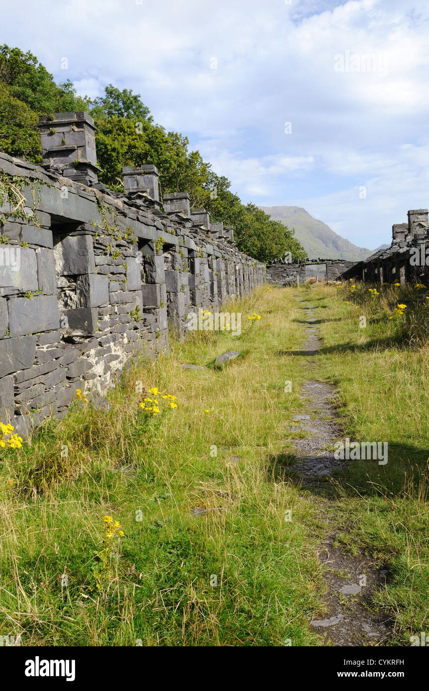 Anglesey Kaserne Ruinen der Quarrymen Hütten Dinorwig Schiefer Steinbruch Elidir Fawr Llanberis Snowdonia Wales Cymru UK GB Stockfoto