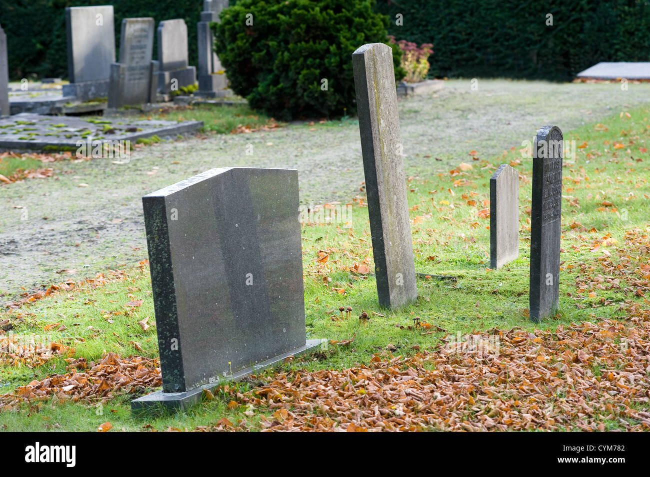 Vier verschiedene Grabsteine auf dem Friedhof Stockfoto