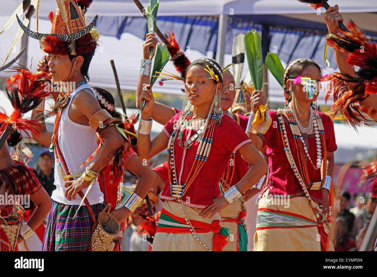 Am Namdapha Eco Kulturfestival tanzen Nocte Krieger Stämme, mit dem traditionellen Verschleiß durchführen; Miao; Arunachal Pradesh; Indien Stockfoto