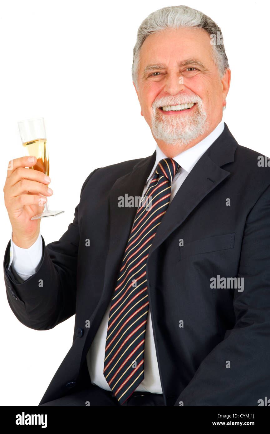 Alter Mann mit Glas Champagner Stockfoto