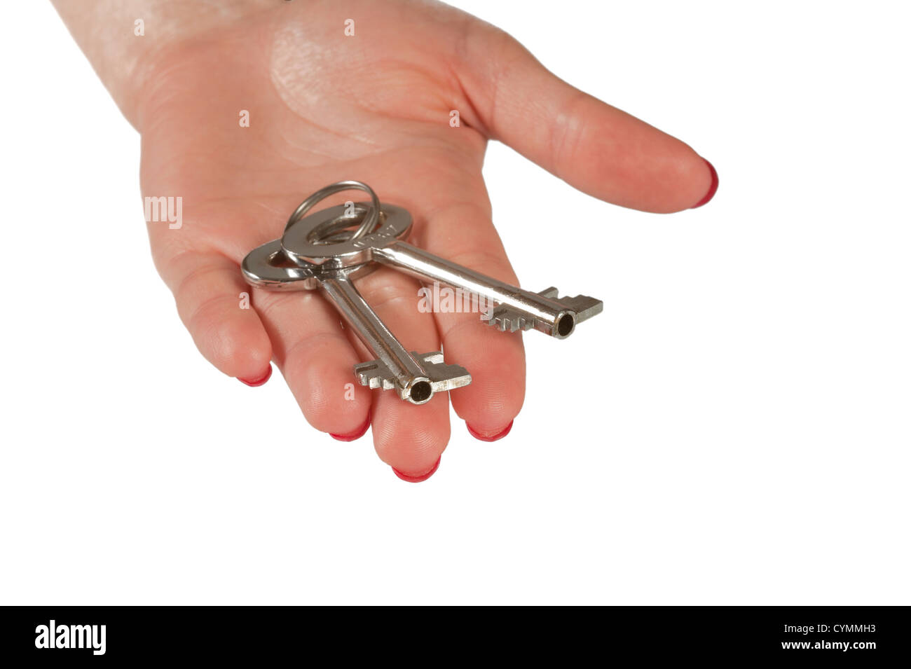 Isolierte zwei Safety Box Türschlüssel in der Hand auf weißem Hintergrund Stockfoto