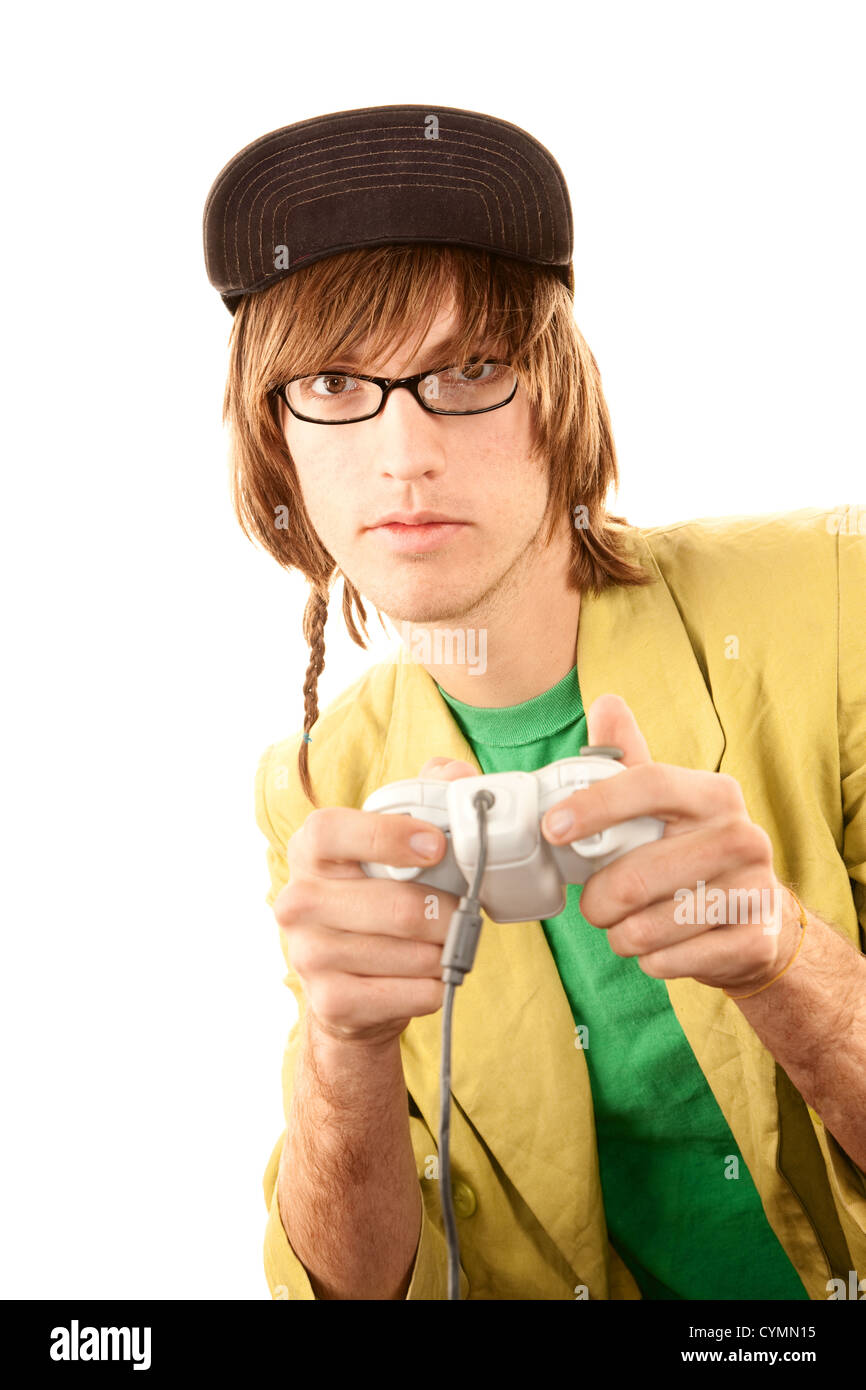 Teenager in Gläsern mit elektronischen game-controller Stockfoto