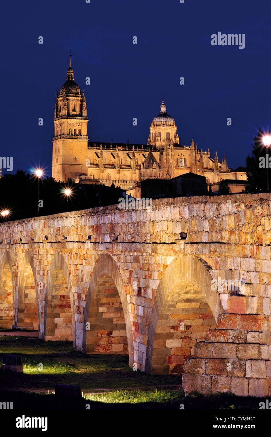 Spanien, Castilla-León: Nächtliche Aussicht auf römischen Brücke und Kathedralen des UNESCO-Welterbe Stadt Salamanca Stockfoto
