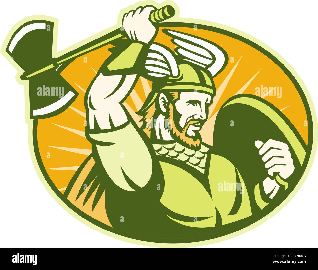 Abbildung eines Wikinger Krieger Raider Barbaren mit geflügelten Helm schwingen eine Streitaxt und Schild im Inneren Oval im retro-Stil gemacht. Stockfoto Abbildung eines Wikinger Krieger Raider Barbaren mit geflügelten Helm schwingen eine Streitaxt und Schild im Inneren Oval im retro-Stil gemacht. Stockfoto