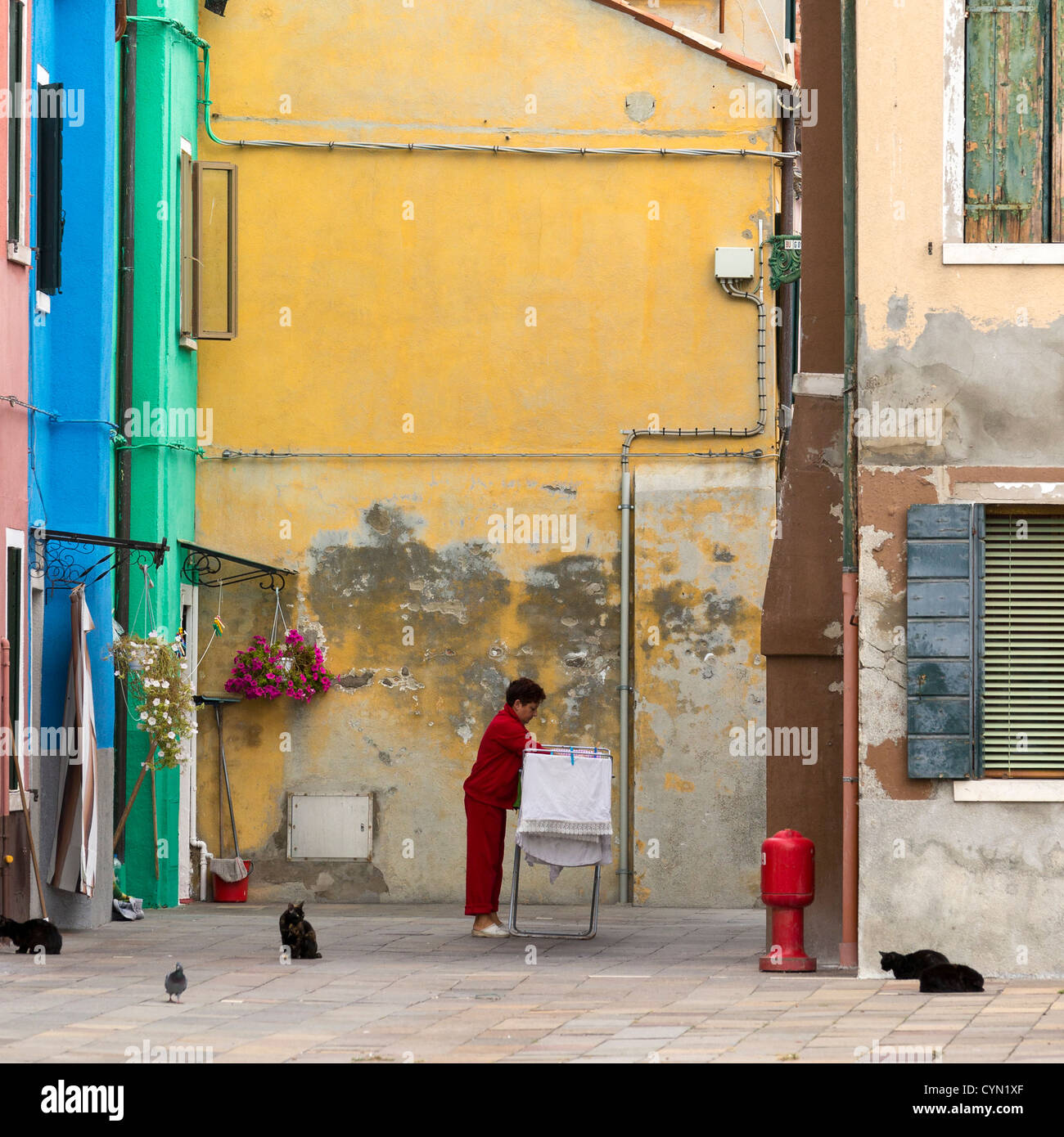 Eine Frau in roter Wäsche zum Trocknen Außerbetriebnahme umgeben von schwarzen Katzen und bunt bemalten Häuser Stockfoto