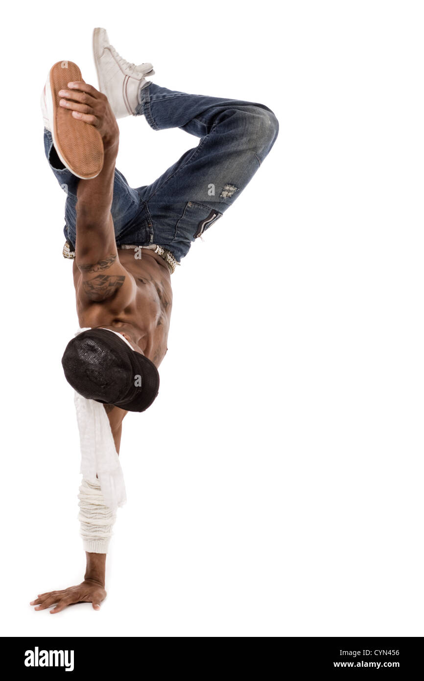 Schritte im Breakdance, durchgeführt von der Tänzerin in isolierten weißen Hintergrund Stockfoto