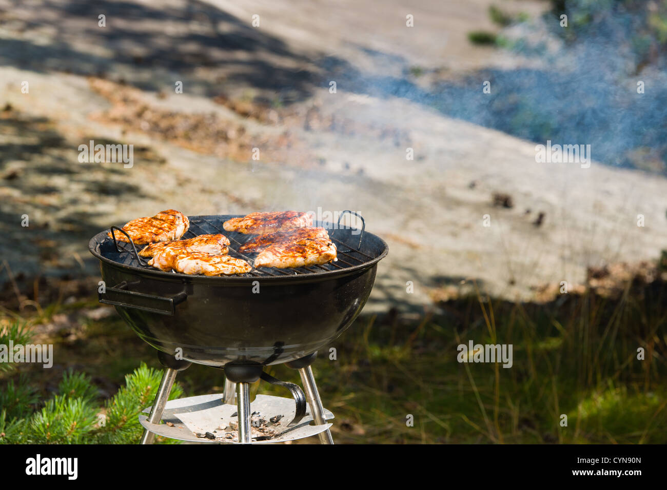 Hähnchenbrust mit einem Holzkohlegrill, Horizont Format Grillen Stockfoto