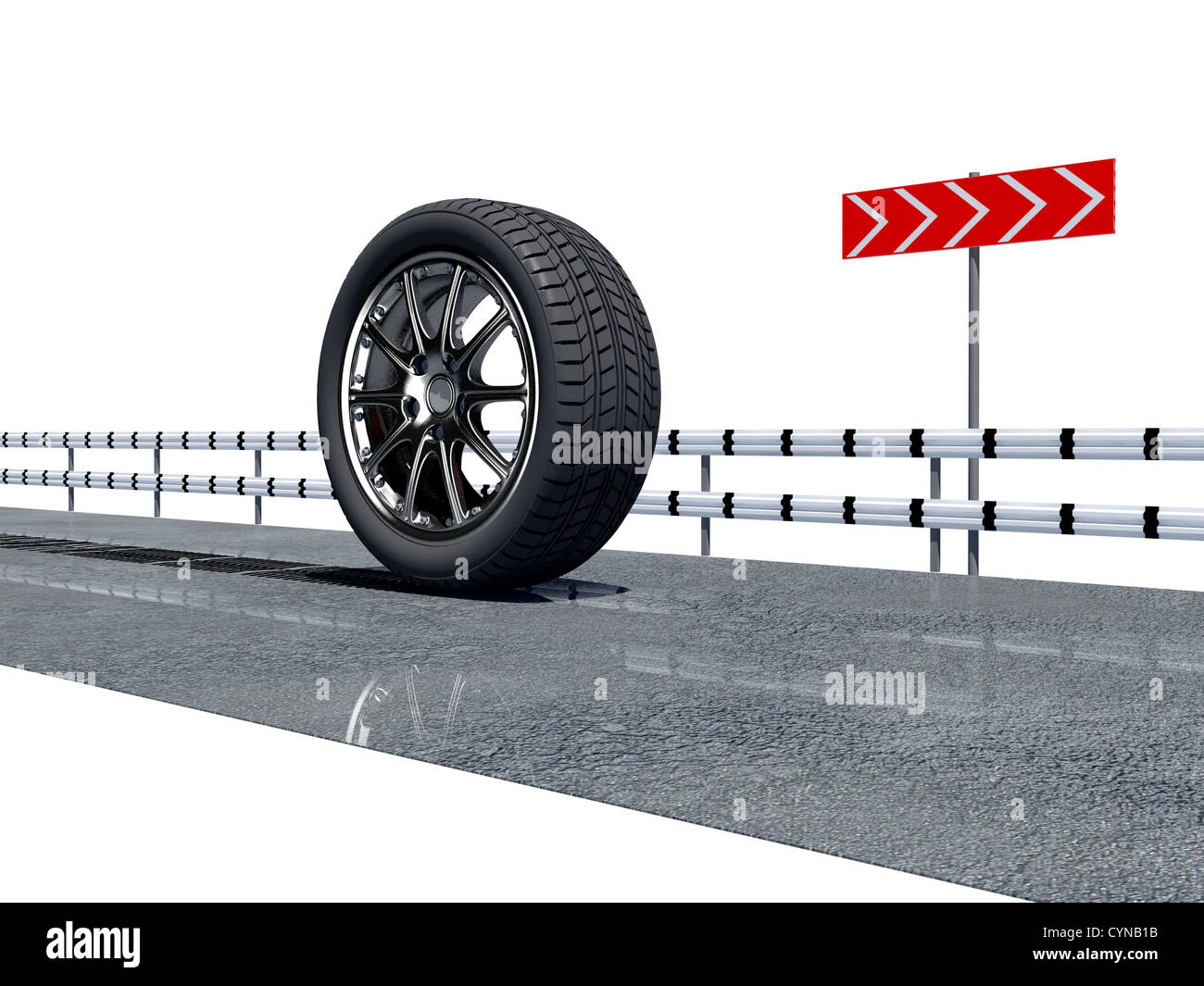 Rad auf der Asphaltstraße über dem weißen Hintergrund Stockfoto