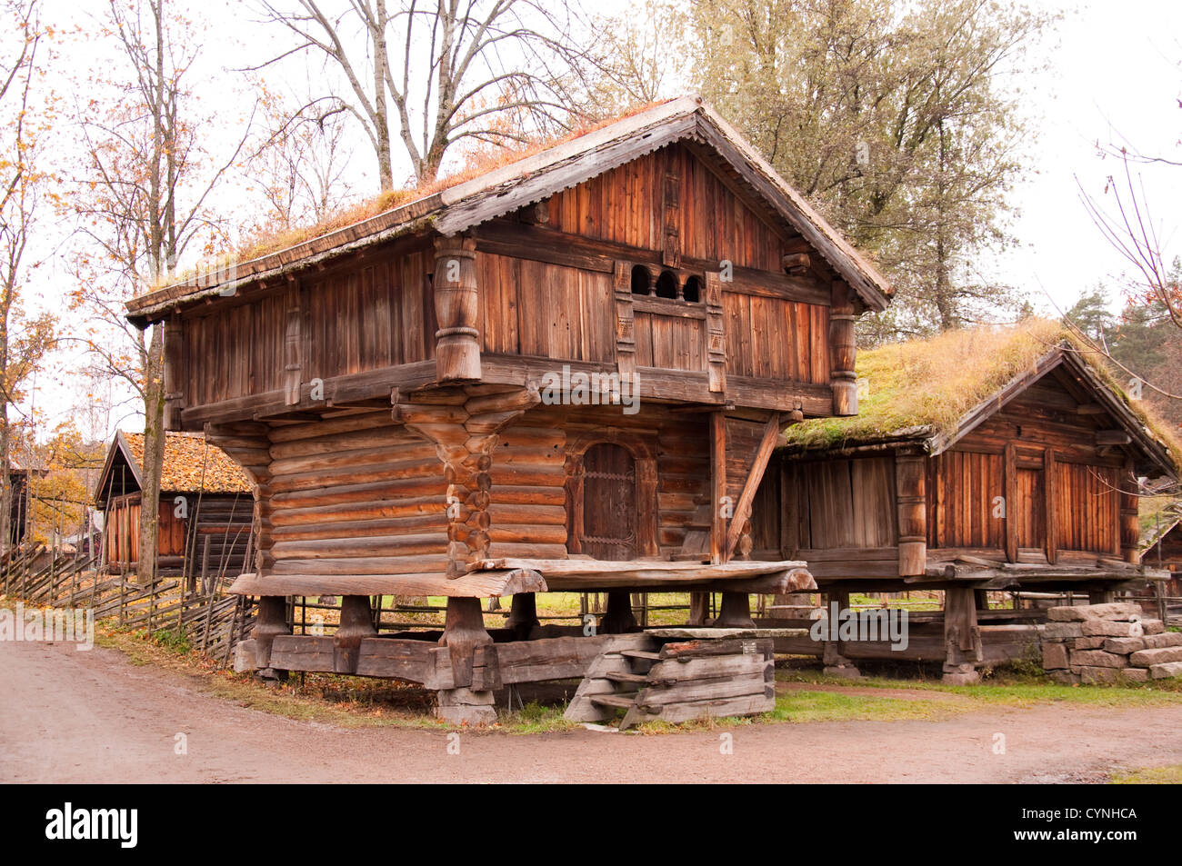 Norwegische typische Holzhaus mit Grasdach Stockfoto
