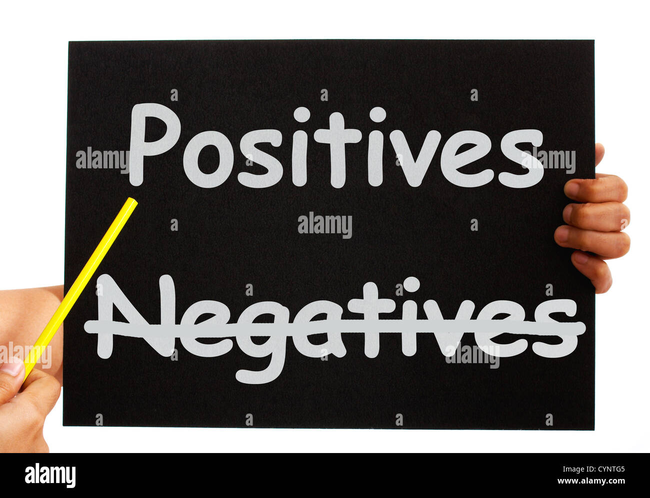 Negative positive Board zeigt Analyse oder Pluspunkte Stockfoto