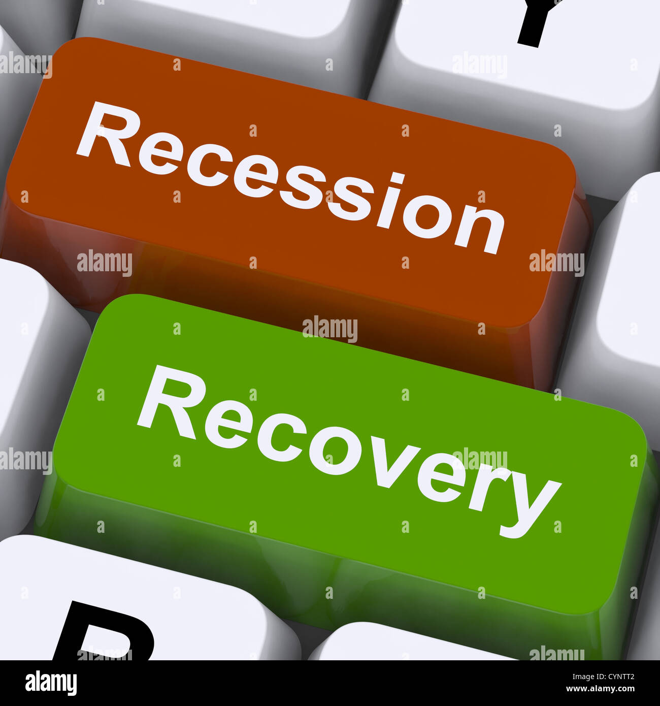 Rezession und Wiederherstellungsschlüssel zeigt Aufschwung oder Abschwung Stockfoto