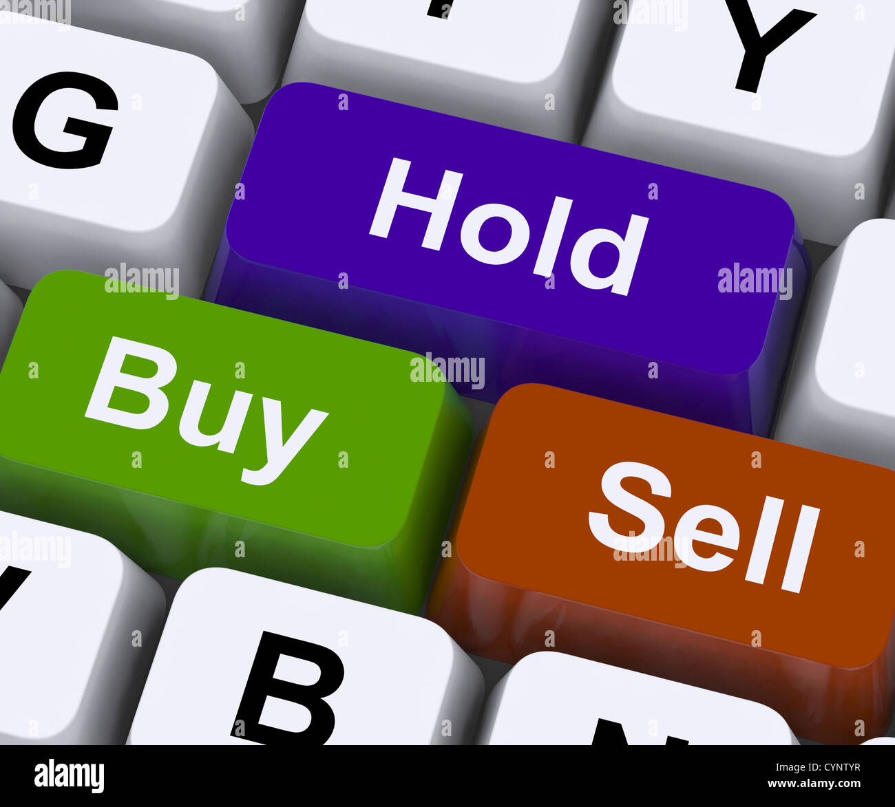 Kaufen Sie, halten und verkaufen Tasten repräsentieren Marktstrategie Stockfoto