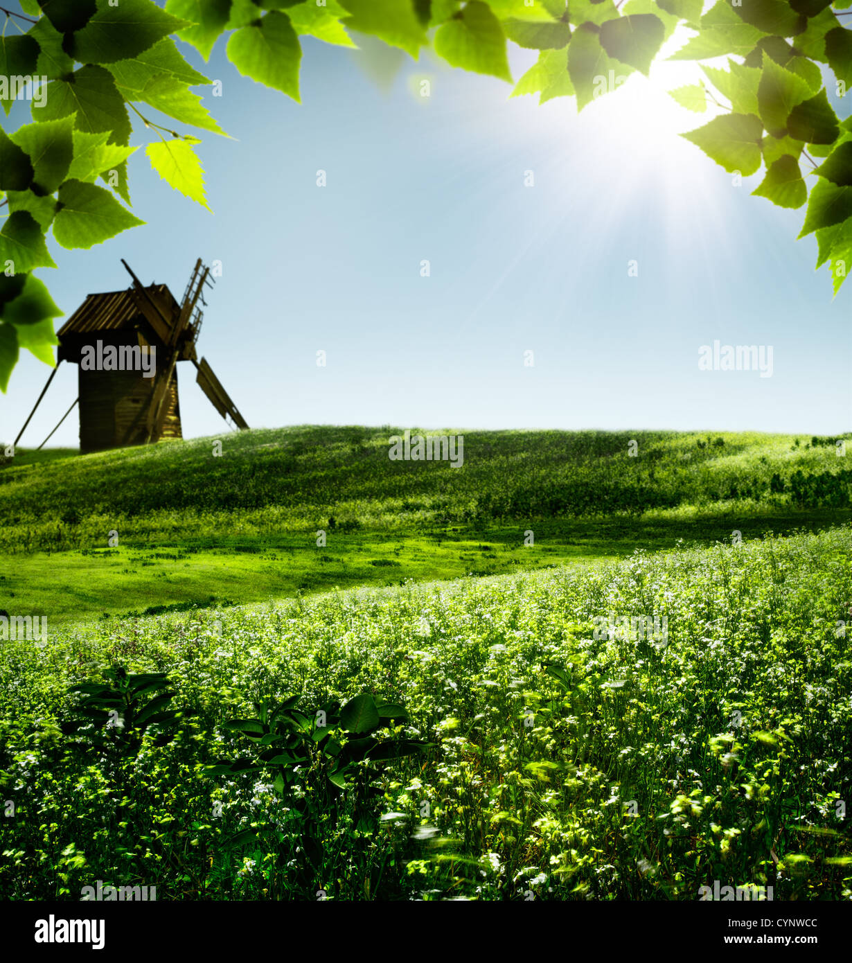Windmühle. Abstrakte Landschaft im ländlichen Raum für Ihr design Stockfoto